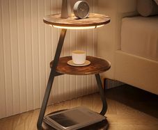 Side Table, Small Round Coffee Table with 3 Color LED Lights, End Table with 3 Tier Storage Shelves, Bedside Sofa Side Tables for Living Room Bedroom, Rustic Brown
