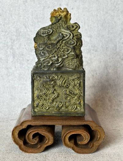 Chinese "Nine Dragons" Sculpture - Patinated Bronze, Wooden Stand, Signed