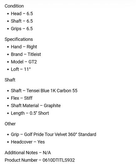 Titleist GT2 Driver / 11 Degree / Tensei Blue 1K Carbon 55 Stiff