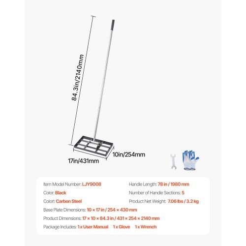 Lawn Leveling Rake, Lawn Leveler with 78 in Handle, 17x10 in Ground Plate, Rust-Resistant Carbon Steel Soil Leveler, 5 Heights Adjustable,