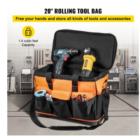 20in Rolling Tool Bag Portable Electrican Repair 17 Pockets Wheeled Folding Large Thick Waterproof Storage Organizer Tote