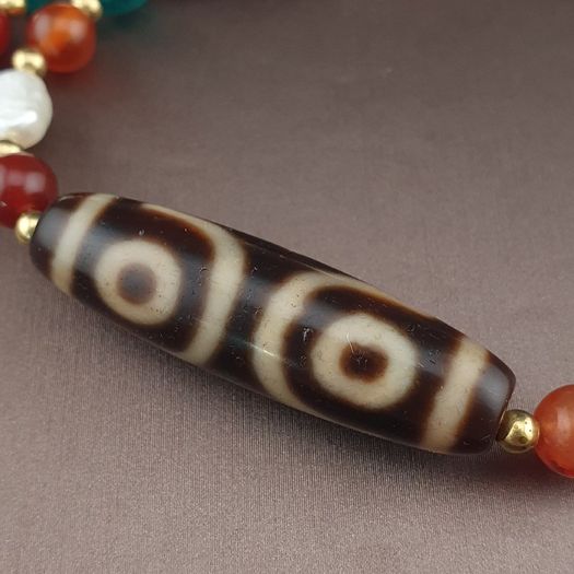 Antique Himalayan Tibetan 3 Eyes Agate Dzi Bead With Mix Lapis,carnelianPearls Necklace