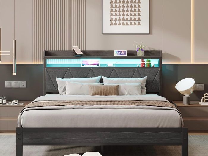 Charging Station,LED Lights, 150x200 cm Heavy Duty Metal Platform Bed Kingsize