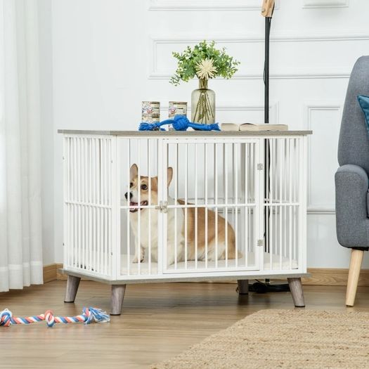 Dog Crate, Pet Cage Kennel, with Soft Cushion, Wooden Top, for Small Medium Dogs, Indoor Use, Grey