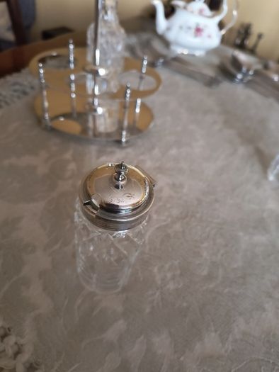 Silver & Cut Glass Condiment Set.
