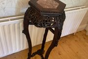 Antique Carved Oriental Plant / Lamp Table with Marble Top