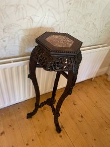Antique Carved Oriental Plant / Lamp Table with Marble Top