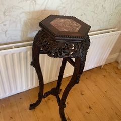 Antique Carved Oriental Plant / Lamp Table with Marble Top