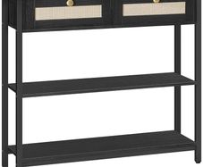 Rattan-Like Black Console Table, 3-Tier Hallway Table with 2 Flip-Down Drawers and Storage Shelves, 80 cm, Open and Hidden Storage Space, Woven Decoration, Black