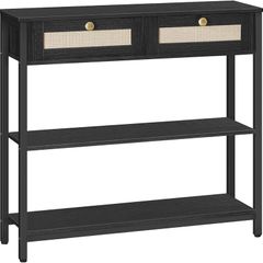 Rattan-Like Black Console Table, 3-Tier Hallway Table with 2 Flip-Down Drawers and Storage Shelves, 80 cm, Open and Hidden Storage Space, Woven Decoration, Black