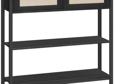 Rattan-Like Black Console Table, 3-Tier Hallway Table with 2 Flip-Down Drawers and Storage Shelves, 80 cm, Open and Hidden Storage Space, Woven Decoration, Black