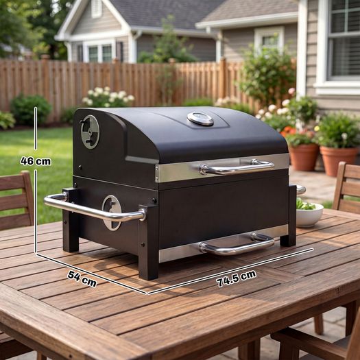 Steel Charcoal Grill Portable BBQ Smoker with Lid Adjustable Vents Two-Stage Charcoal Pan Thermometer