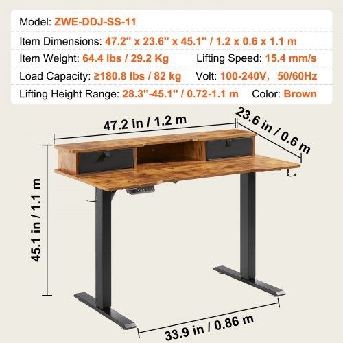 Height Adjustable Desk, 47.2" x 23.6" Electric Dual Monitor Riser Workstation, Whole Piece Desk Board Sit to Stand, 3-Key Modes Sturdy Dual Metal