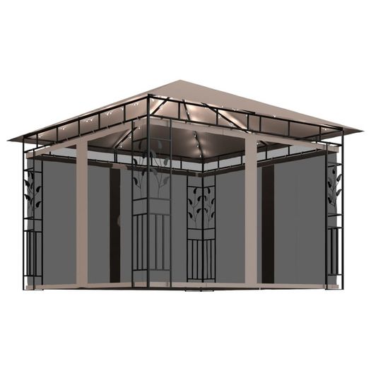 Gazebo with Mosquito Net and String Lights 3x3x2.73 m Taupe 180 g/m Sq