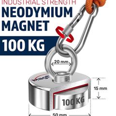 Magnet Fishing Kit - 100 KG (220lb) - With Rope (20M), Carabiner, Gloves, Threadlocker