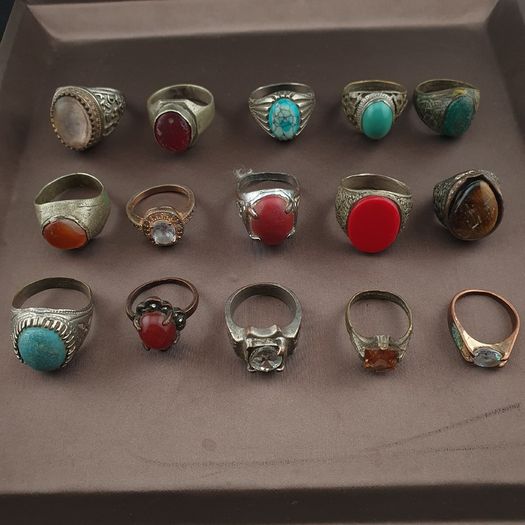 Antique Handmade Mix Brass with Mix Stone Glass Rings Lot Of 15
