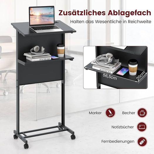 Standing Desk, Height Adjustable, Standing Seat Desk with Wheels, Mobile Standing Desk with Inclined Table Top & Shelf, Laptop Table for Home & Office, Black