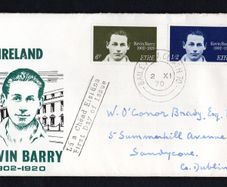 1970 Ireland 50th Anniversary of the Death of Kevin Barry Commemorative Stamp Illustrated Addressed First Day Cover (FDC) with Baile Atha Cliath (Dublin) steele cancel