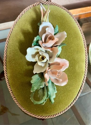 Vintage Pair Genuine Capo di monte 3D Porcelain Floral Wall Plaques with Label