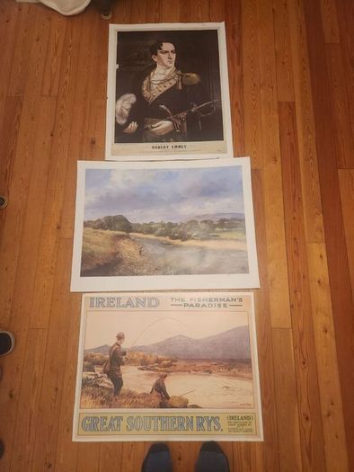 Art Posters X 3 LARGE. Great Southern Railways Poster. Robert Emmet Historical Poster And Impressionist Landscape Poster. Large Posters In Good Condition See Photos For Same. Ideal for framing.