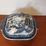 Fabulous Antique Blue and White Transferware Willow Pattern Shallow Lidded Tureen/Vegetable Dish For Display, Unknown Maker, Most Likely Staffordshire Made Image 2