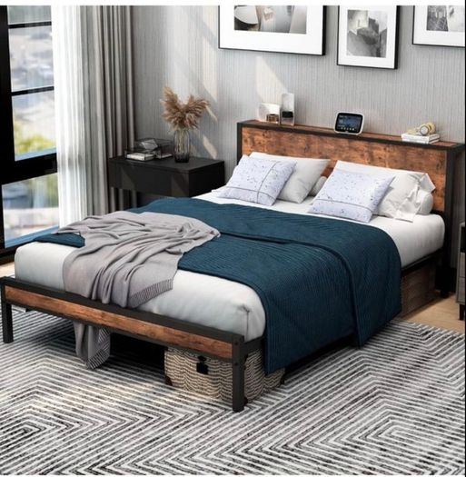 King Size Bed Frame with Storage Wooden Headboard, Metal Bed Frame Kingsize Bed Base/Mattress Foundation, Enhanced Support Noise Free, Textured Black+Brown Oak