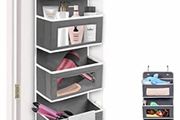 Hanging Storage Over Door Towel Wardrobe Wall Organiser for Toy Nursery Kitchen Bedroom Bathroom, Black/Grey 5 Pockets