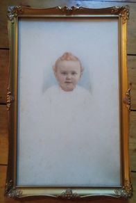 Large vintage gilt frame with hand tinted baby portrait 1900s