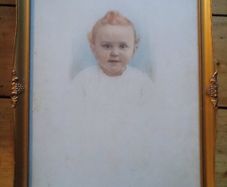Large vintage gilt frame with hand tinted baby portrait 1900s