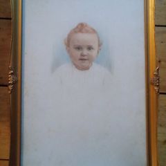 Large vintage gilt frame with hand tinted baby portrait 1900s