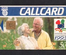 1993 Ireland 50 unit EC Year of the Elderly Front (Gemplus GEM1) Call Card Used. Telecom Eireann card number 1052
