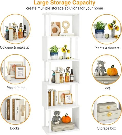 5/6-Tier Tall Bookshelf,S-Shaped Geometric Bookcase, Wood Display Shelves With Storage,Modern Bookshelf for Living Room Bedroom, Home Office, White