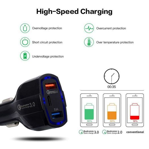 2 X QC 3.0 3 Port Fast Car Mobile Charger (Dual USB-A + Type-C) 35W (Brand New/Warranty)