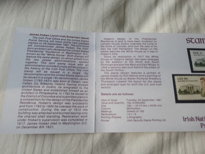 Very rare - Joint Irish and USA release of James Hoban stamp 1981 presentation pack limited edition 3 stamp pack