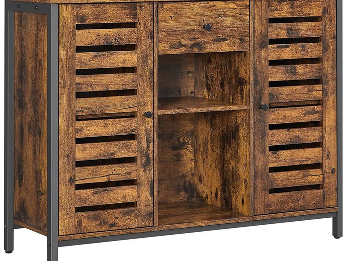 _Sideboard, kitchen cabinet, side cabinet with drawer and lamellar doors, for kitchen, dining room, living room, industrial design, vintage brown-black