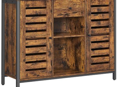 _Sideboard, kitchen cabinet, side cabinet with drawer and lamellar doors, for kitchen, dining room, living room, industrial design, vintage brown-black