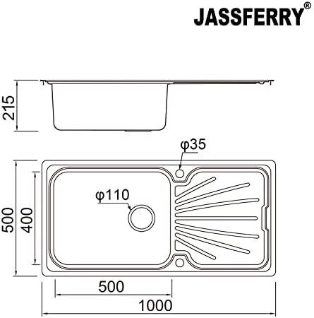 Kitchen Sink Stainless Steel Large Bowl Welding Style Inset Reversible Drainer & Strainer Waste Pipes Clips 1000 X 500 mm