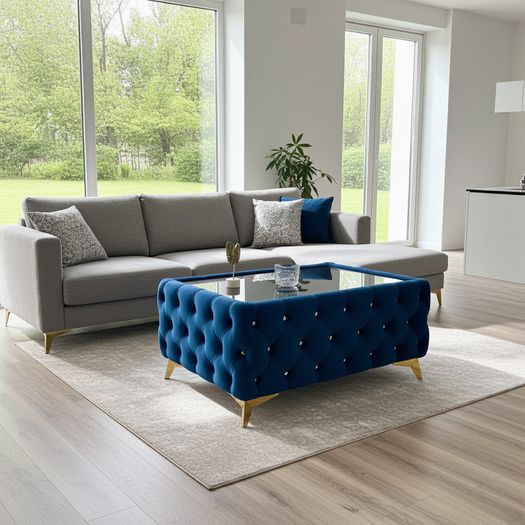 Chesterfield Coffee Table Velvet Rectangle 83x63x45cm with Glass