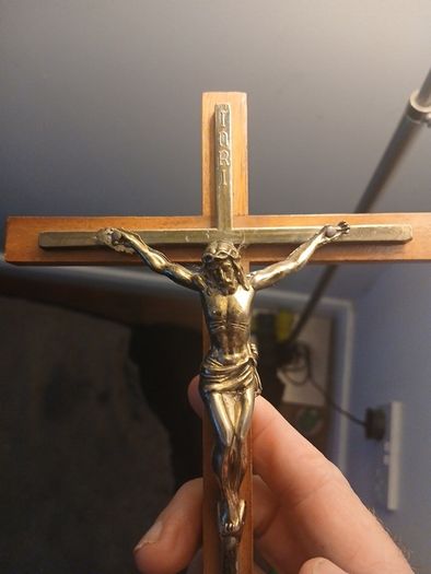 Vintage 1950s/1960s Mid-Century Modern Wooden Wall Crucifix with Metal Inlay