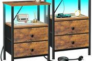 Night Stand Set 2, LED Nightstand with Charging Station