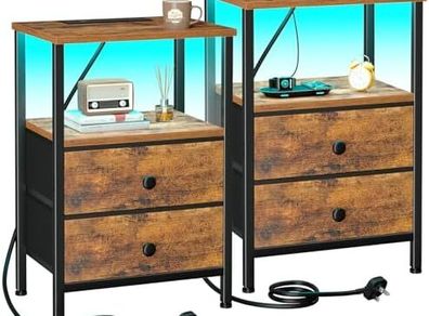 Night Stand Set 2, LED Nightstand with Charging Station