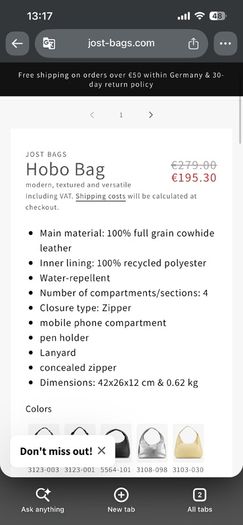 Brand New Jost Hair-On Cow Leather Shoulder Bag