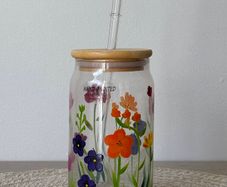 Hand-Painted Floral Glass Cup with Bamboo Lid and Straw