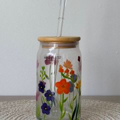Hand-Painted Floral Glass Cup with Bamboo Lid and Straw
