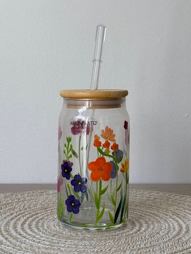 Hand-Painted Floral Glass Cup with Bamboo Lid and Straw