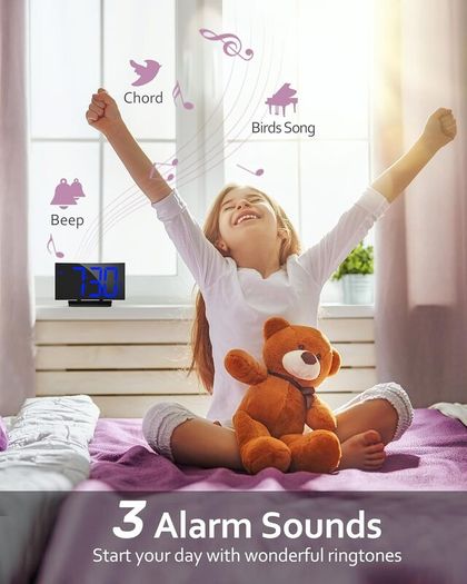 Digital Alarm Clock for Bedrooms with Modern Curved Design, Conspicuous Blue LED Numbers, 6 Levels Brightness, 2 Volume, 3 Alarm Tones, Snooze, Power-Off Memory, 12/24H, Bedside Clock