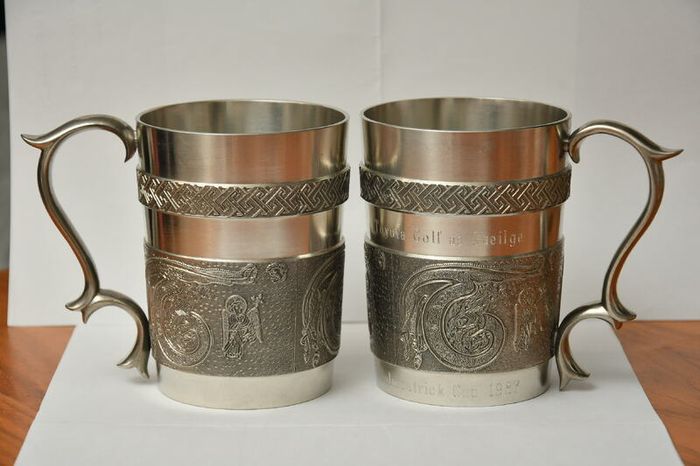 Vintage Pair of Mullingar Pewter Celtic Kells Tankards 10oz Toyota Golf Cup 1987 (Set of 2)