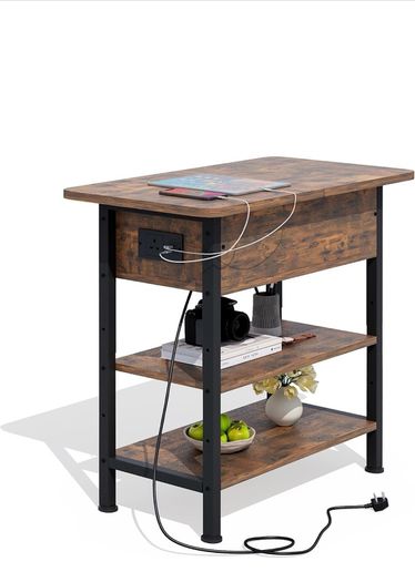 Side Table with Charging Station, Small Flip Top Narrow Sofa End Table with USB Ports, Type C Ports and Outlets, with Storage, 3-Tier, for Living Room, Bedroom, Brown
