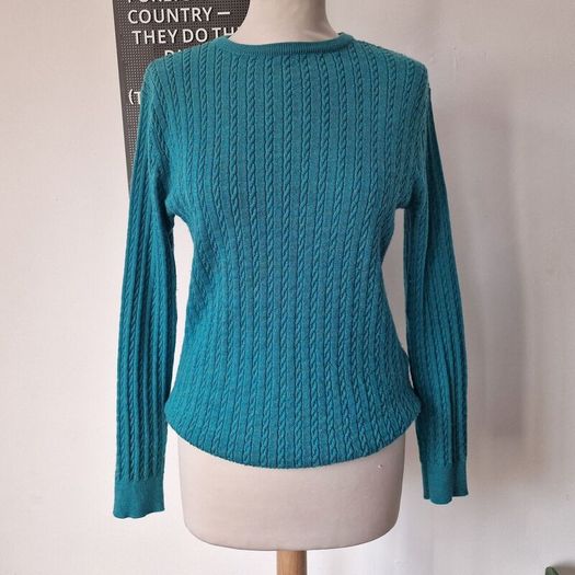 Castle of Ireland teal green cable knit wool jumper. Size 10-12. e90 RRP