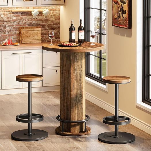 Industrial Round Bar Table with 2 Bar Stools